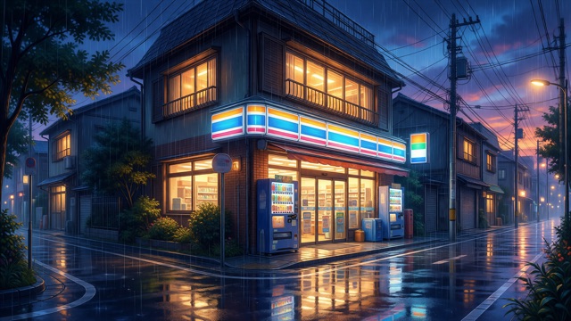Konbini pluie nuit