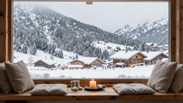 Chalet fenêtre neige