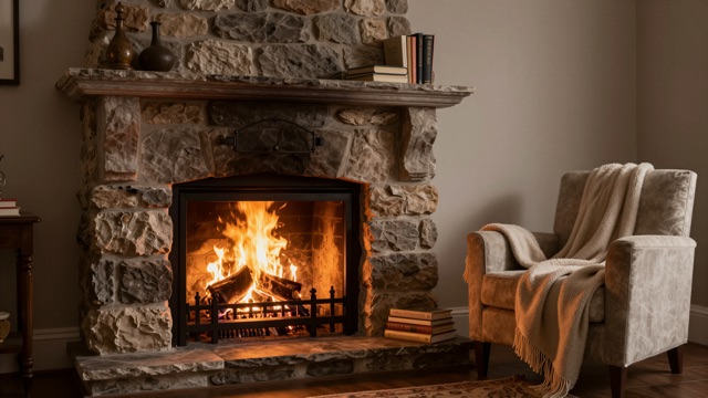 Cheminée feu soir