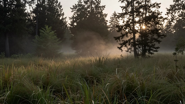 Clairiere brume soir
